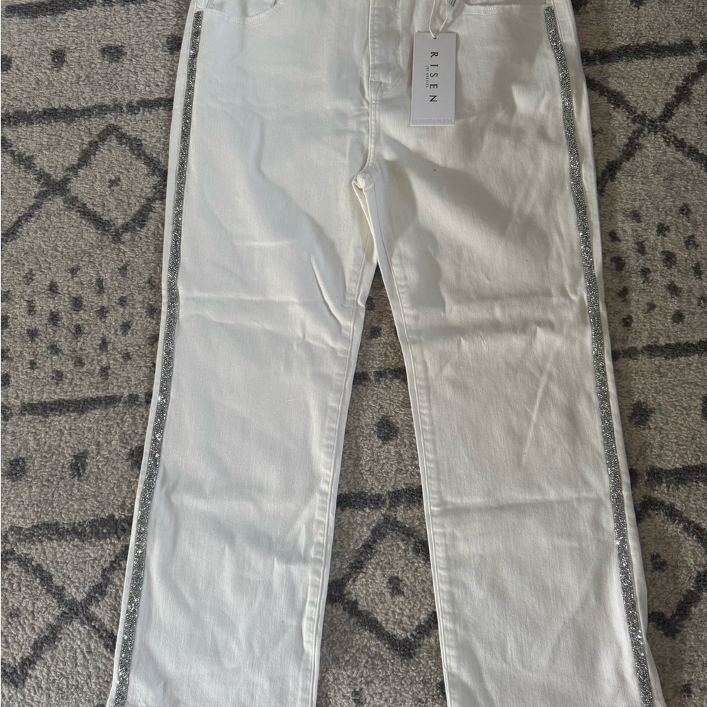 Risen Women's Straight Leg White Jeans with Silver Trim